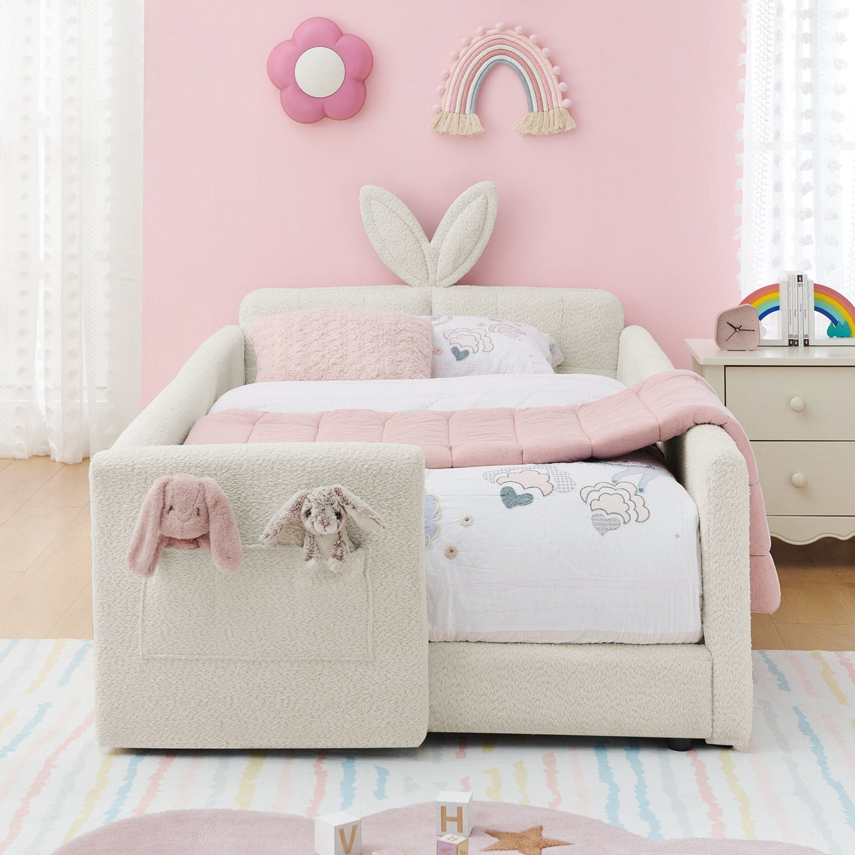 Cute Rabbit Ear Upholstered Platform Bed Frame with Safety Rail - Multiple Colors