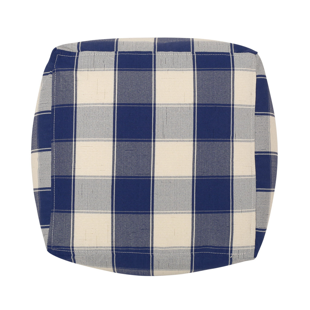 Checkered Square Pouf Ottoman and Floor Cushion with Polystyrene Bead Fill - Ivory / Navy