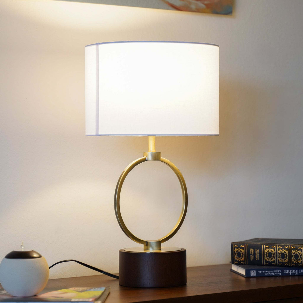 Nordic Table Lamp with Grid Metal Circular Design and Linen Shade - Bronze/Walnut