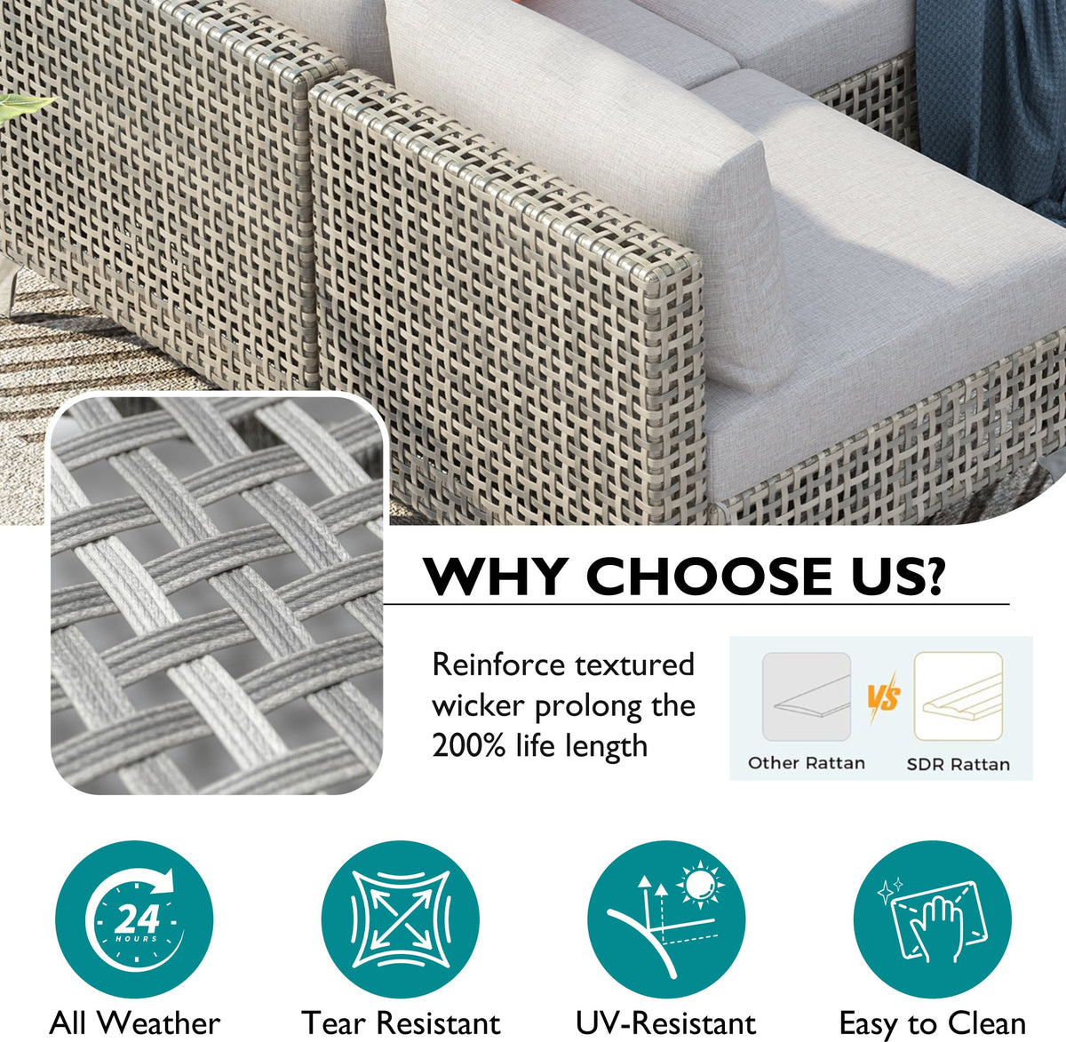 7-Piece Wicker Patio Furniture Set with Water-Resistant Cushions - Neutral