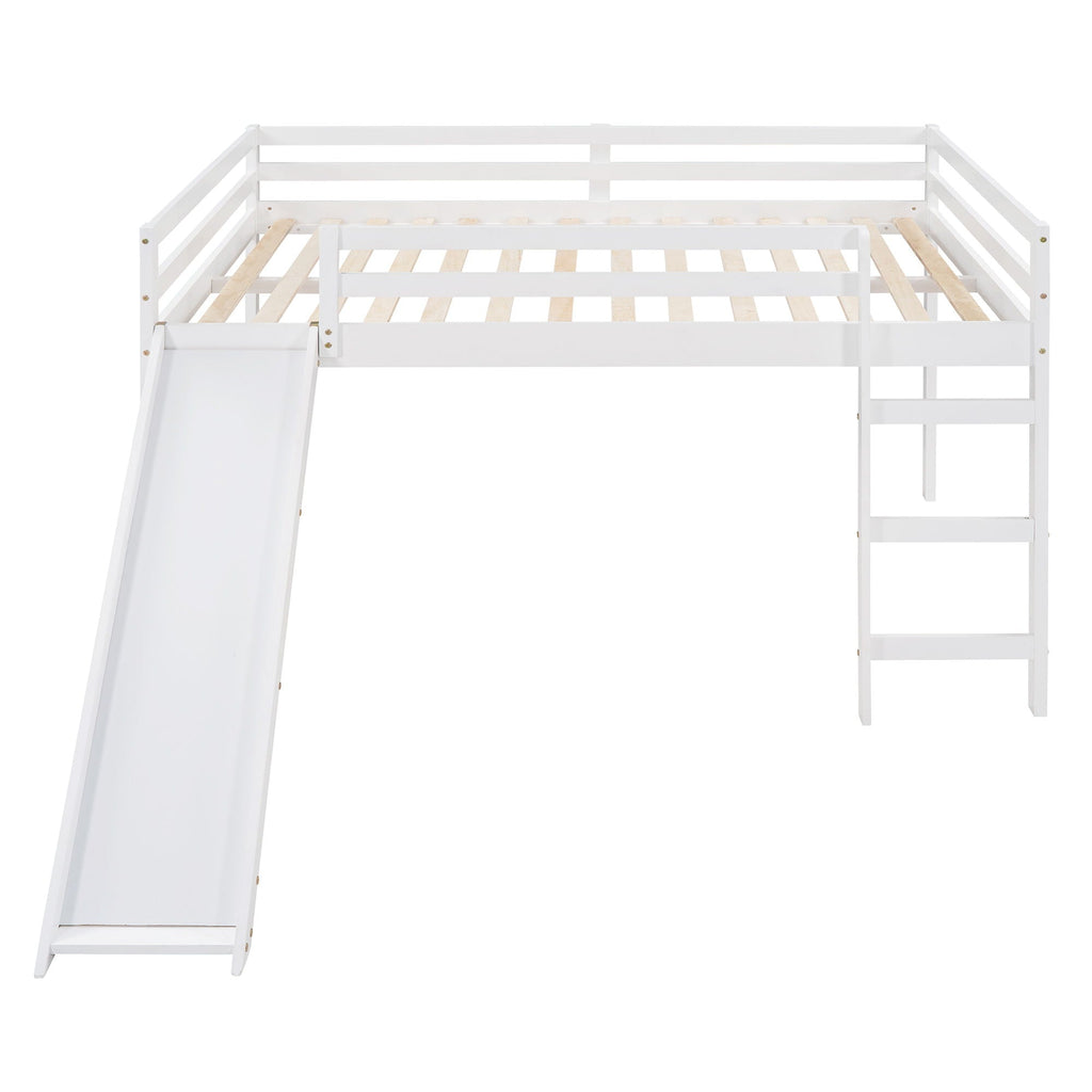 White Full Loft Bed with Slide - Multifunctional Design