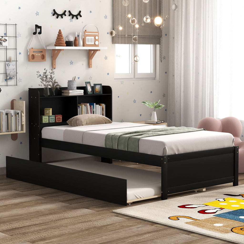 Twin Bed With Trundle and Bookcase Headboard - Wood Frame, Multiple Colors