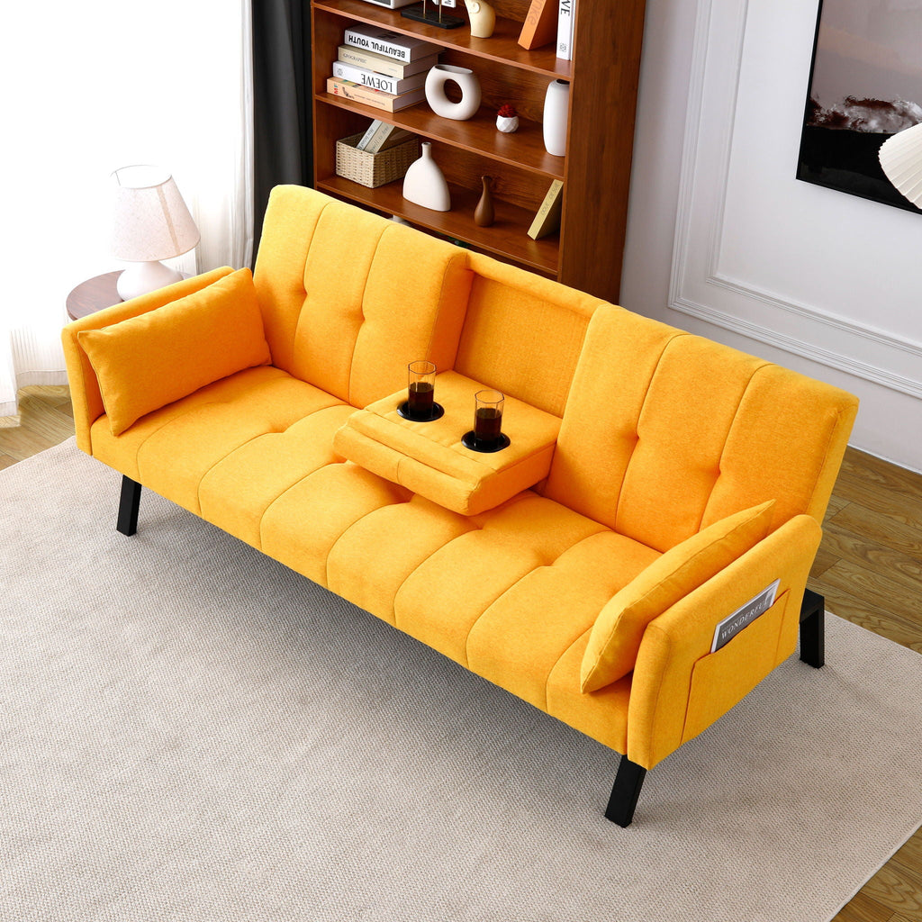 Foldable Sofa Bed with Cup Holder and Solid Wood Frame - Multiple Colors