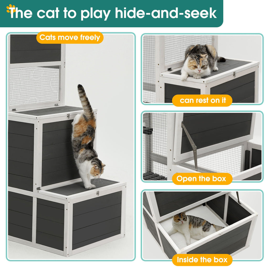 3 Tier Wooden Cat House with Platforms and Jump Box - Gray