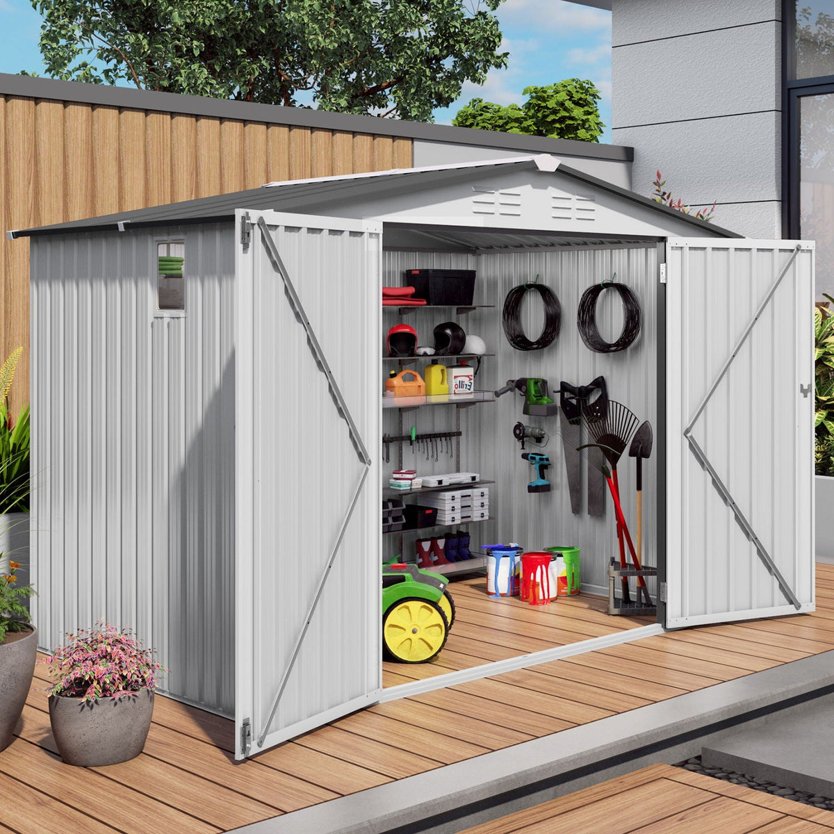 Outdoor Garden Storage Shed with Lockable Doors and Window - White / Gray
