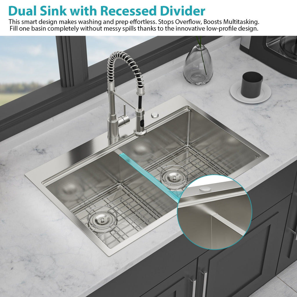 Gray Double Bowl Kitchen Sink with Durable Stainless Steel - Dual Mount