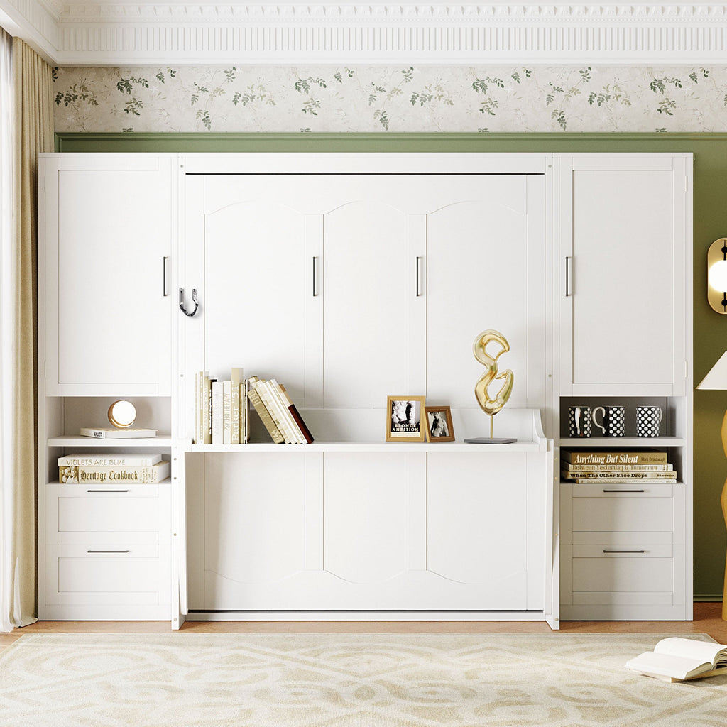 Queen Size Murphy Bed with Closet, Drawers and Shelves - White