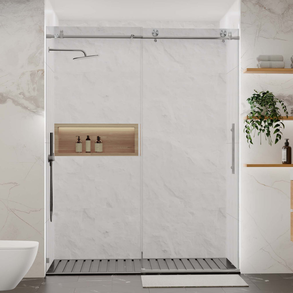 Frameless Sliding Shower Door with Tempered Glass - Brushed Nickel