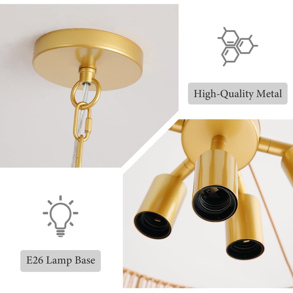 Handwoven Paper Rattan Boho Chandelier with 7-Light E26 Base - Natural