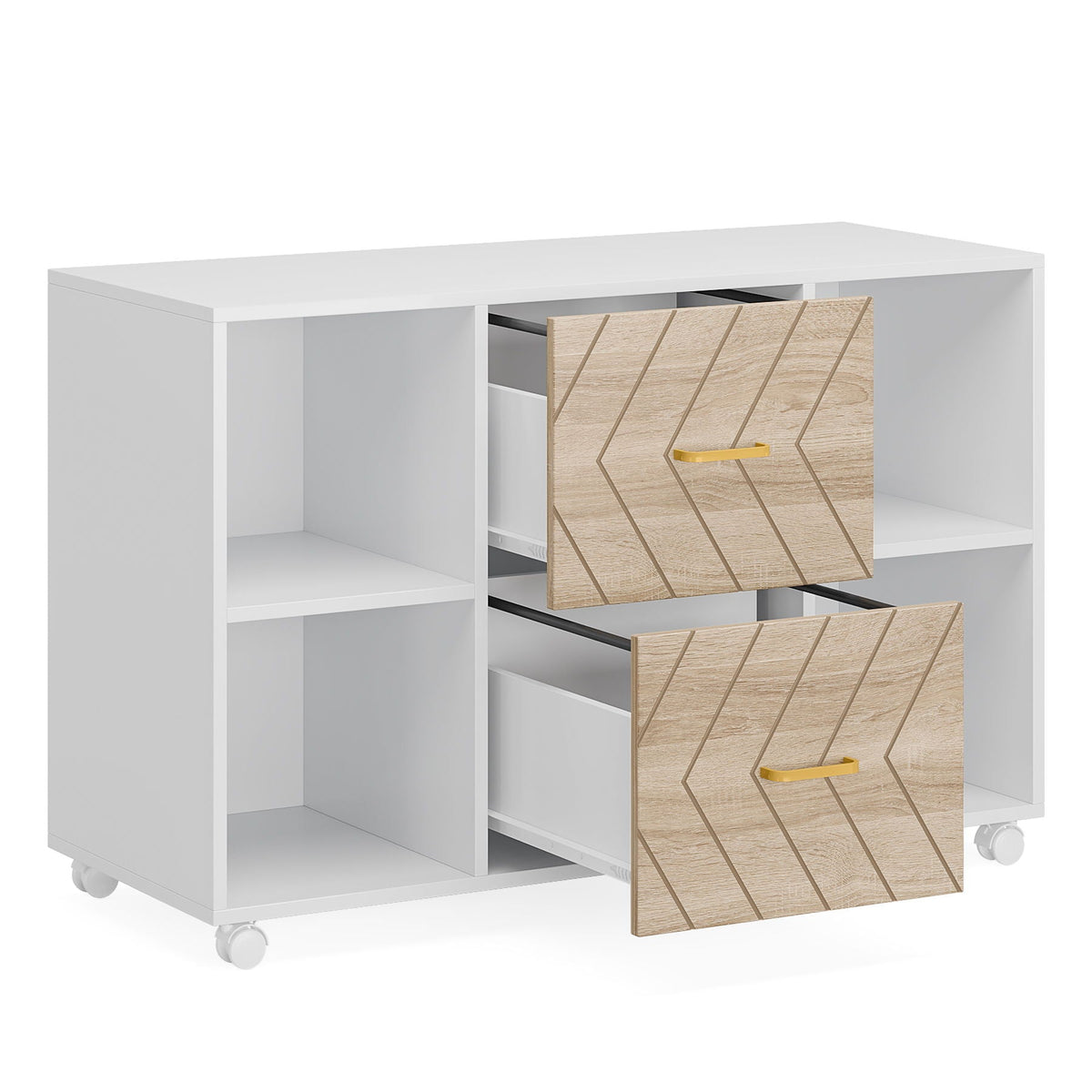 Large Mobile Lateral File Cabinet with 2 Drawers and Storage Shelves - White/Oak
