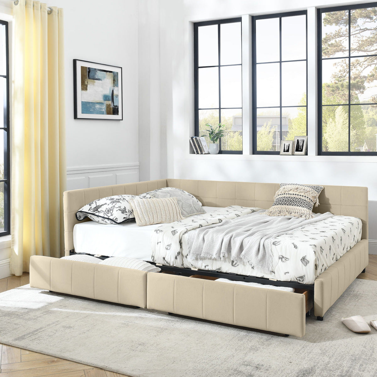 Mid-Century Storage Upholstered Tufted Bed Frame with Backrest and Armrests - Multiple Colors