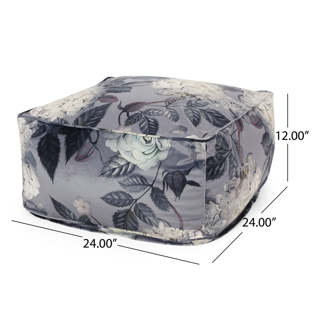 Large Square Pouf with Flower Print - Dark Gray