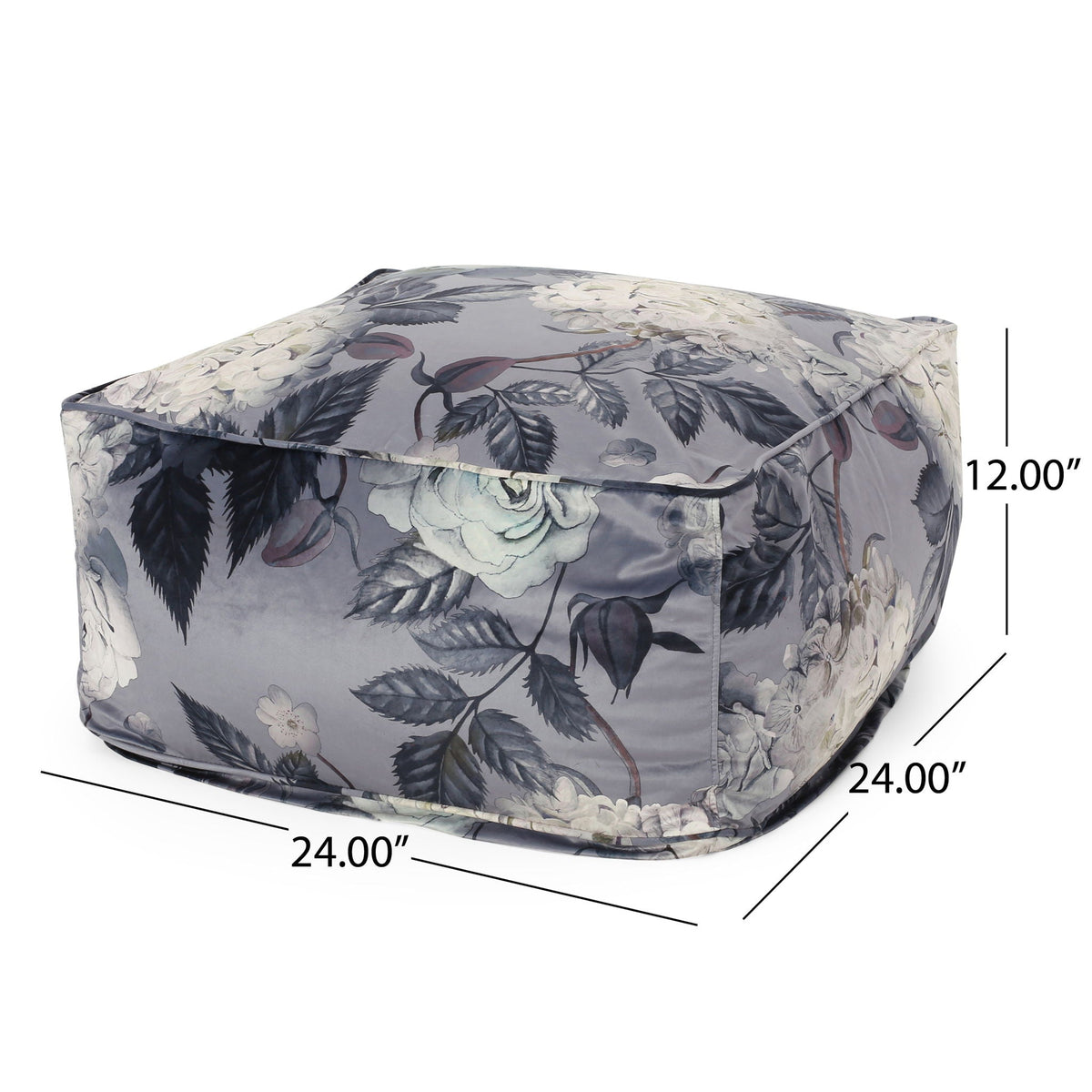 Large Square Pouf with Flower Print - Dark Gray