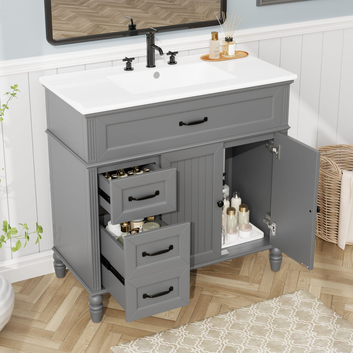 Bathroom Vanity With Sink and Drawers - Freestanding Solid Wood Cabinet