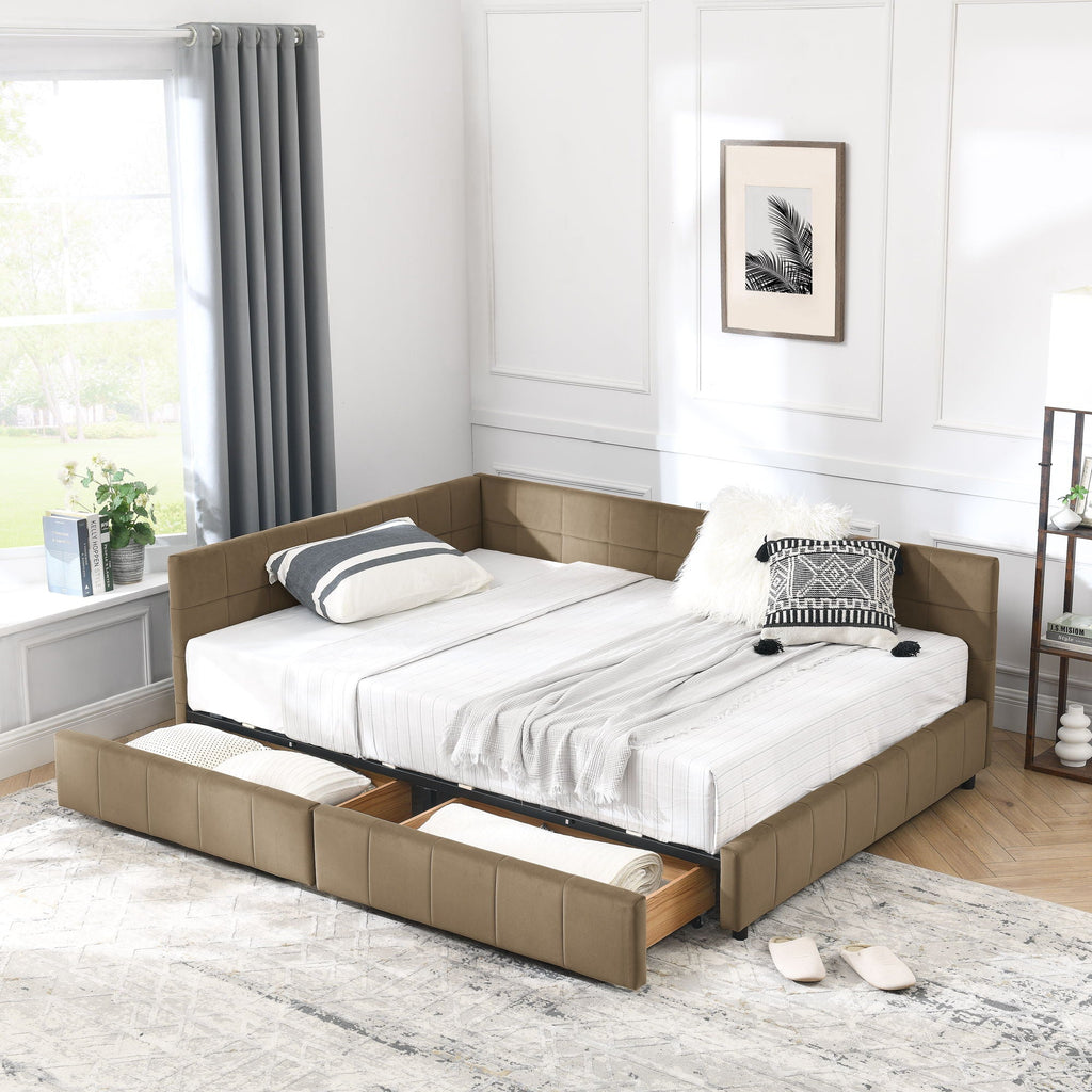 Mid-Century Storage Upholstered Tufted Bed Frame with Backrest and Armrests - Multiple Colors