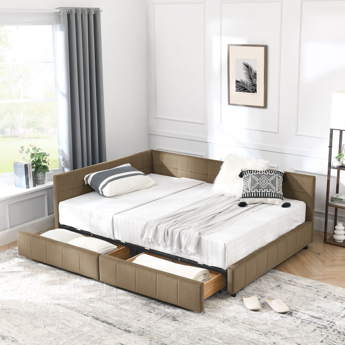 Mid-Century Storage Upholstered Tufted Bed Frame with Backrest and Armrests - Multiple Colors