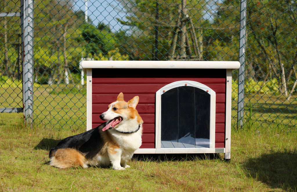 Medium Wooden Outdoor Dog House with Waterproof Roof and Elevated Floor - Dark Gray or Dark Red