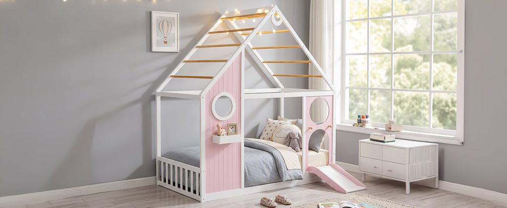 Twin House Bed with Slide - Playhouse Design - Pink