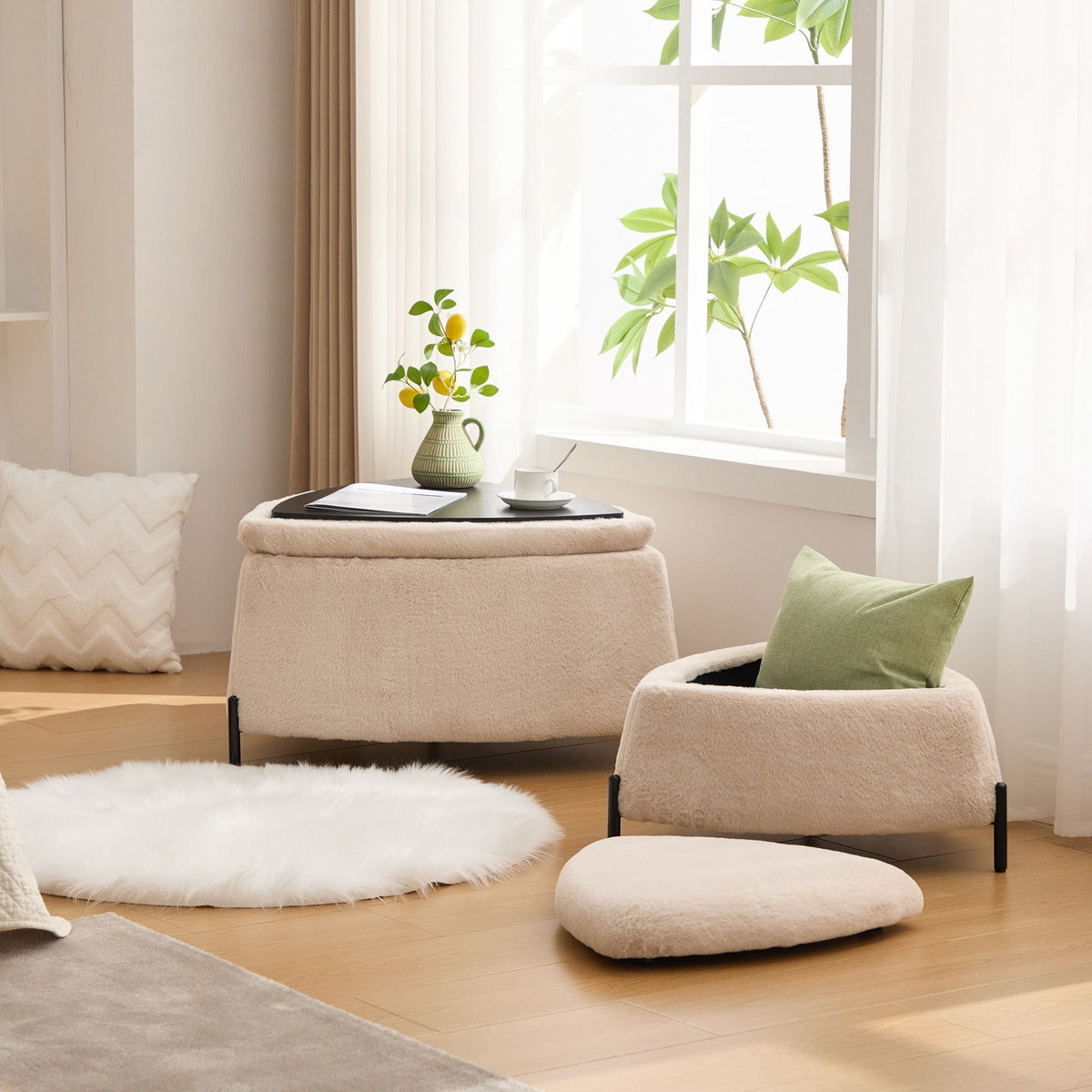 Upholstered Storage Ottoman Set with Reversible Lid - Fabric (Beige, Light Brown, Black)