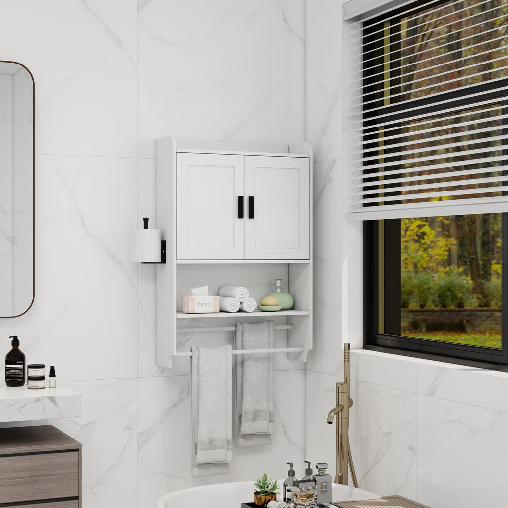 Bathroom Wall Cabinet with Adjustable Shelf and Towel Bar - White