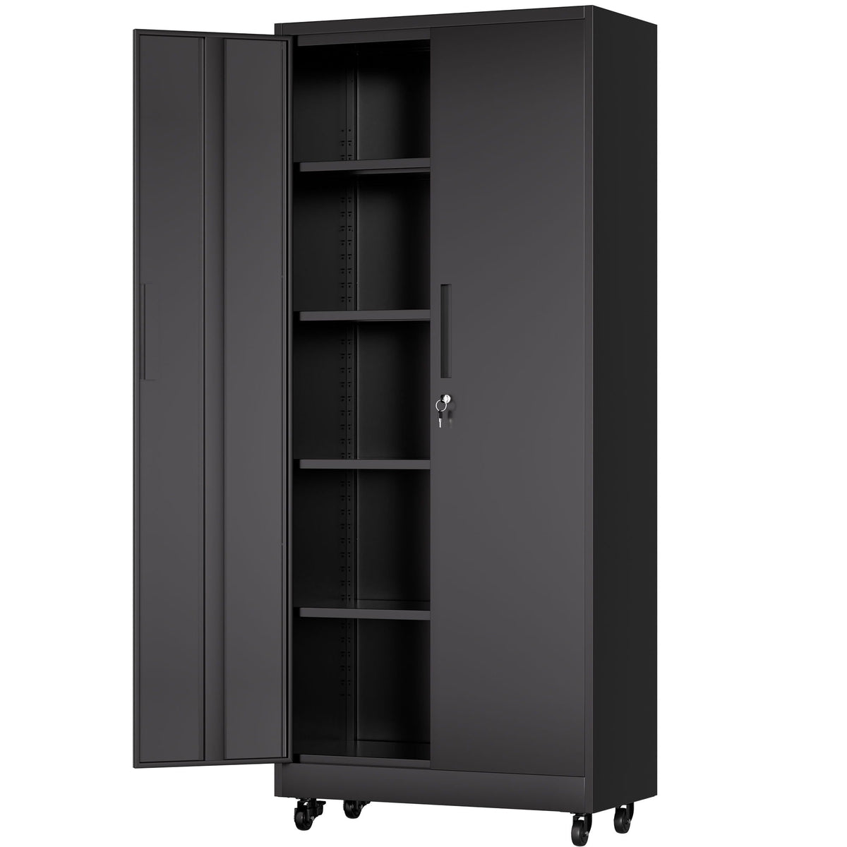Black Storage Cabinet with Wheels and Adjustable Shelves - Locking Security
