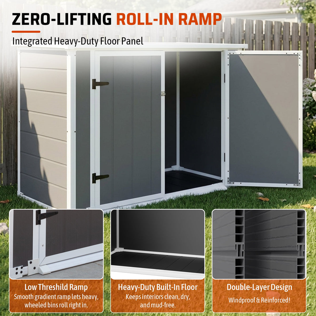 Horizontal Outdoor Storage Shed with Hydraulic Lid and Ramp - Resin