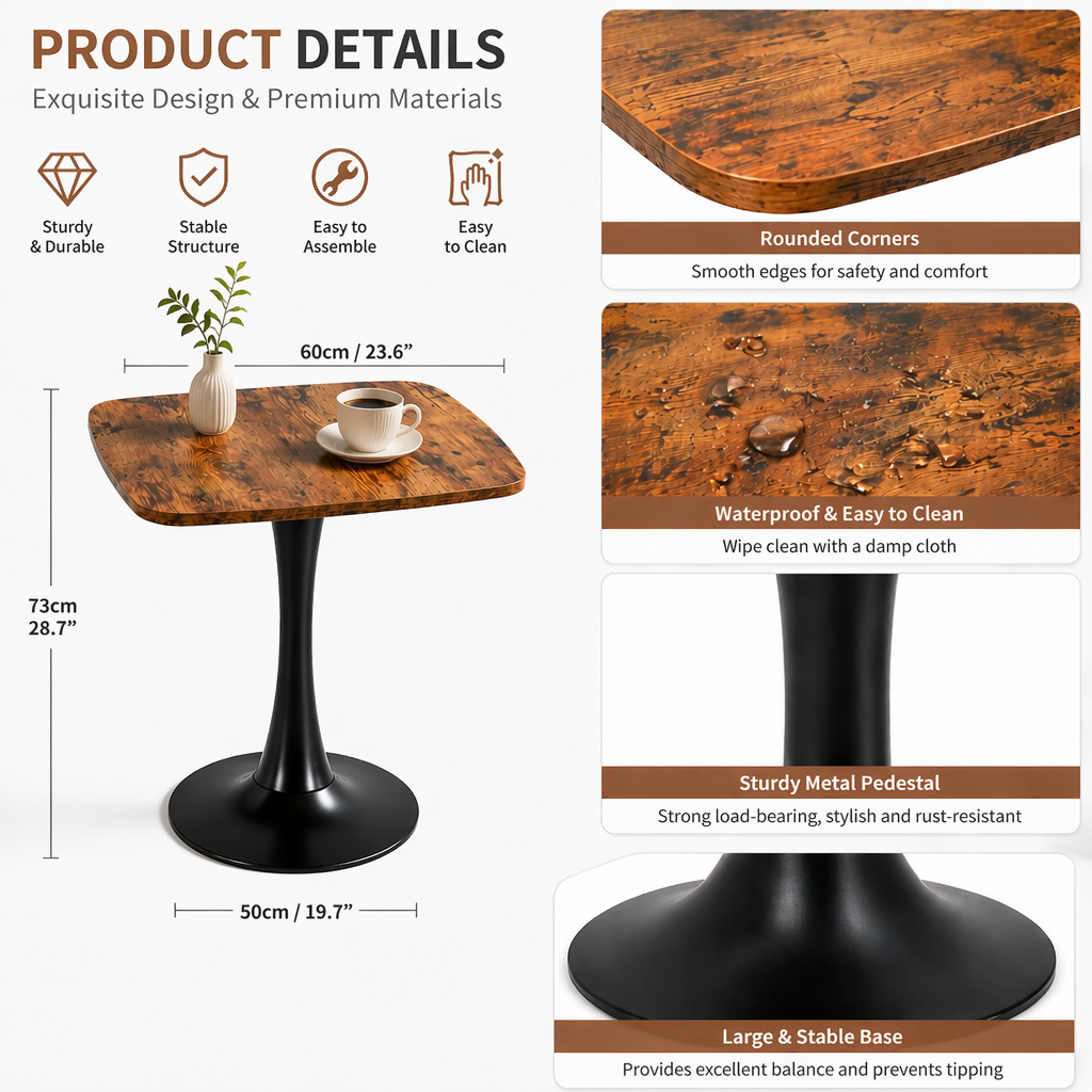 24" Square Tulip Dining Table with MDF Top and Matte Finish