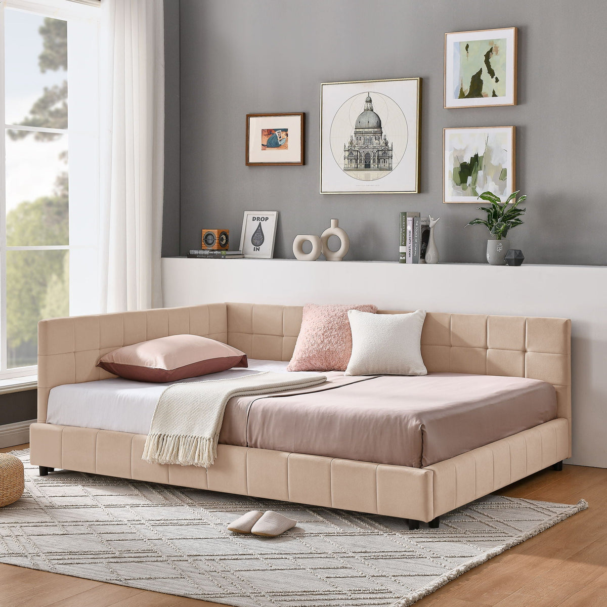 Mid-Century Storage Upholstered Tufted Bed Frame with Backrest and Armrests - Multiple Colors