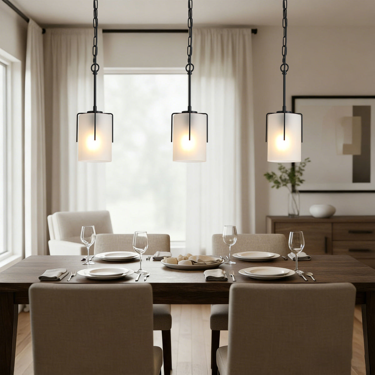 Adjustable Cylindrical Pendant Light with Frosted Glass Shade - Black or Gold