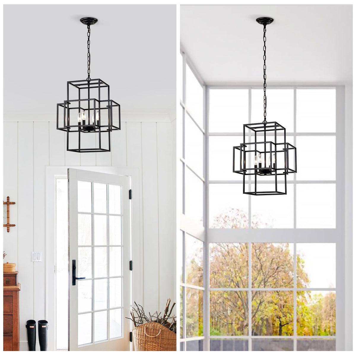 4 Light Metal Lantern Pendant Light with Adjustable Height - Black or Gold