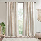 Cotton Printed Curtain Panel with Chenille Stripe - Ivory