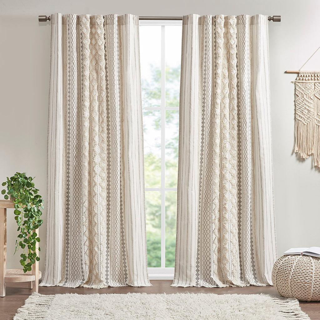 Cotton Printed Curtain Panel with Chenille Stripe - Ivory