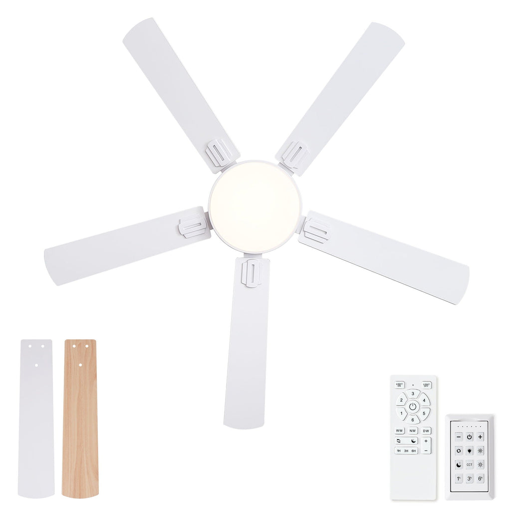 Flush Mount Ceiling Fan with LED Light and Remote Control - Black, White, Pearl Silver