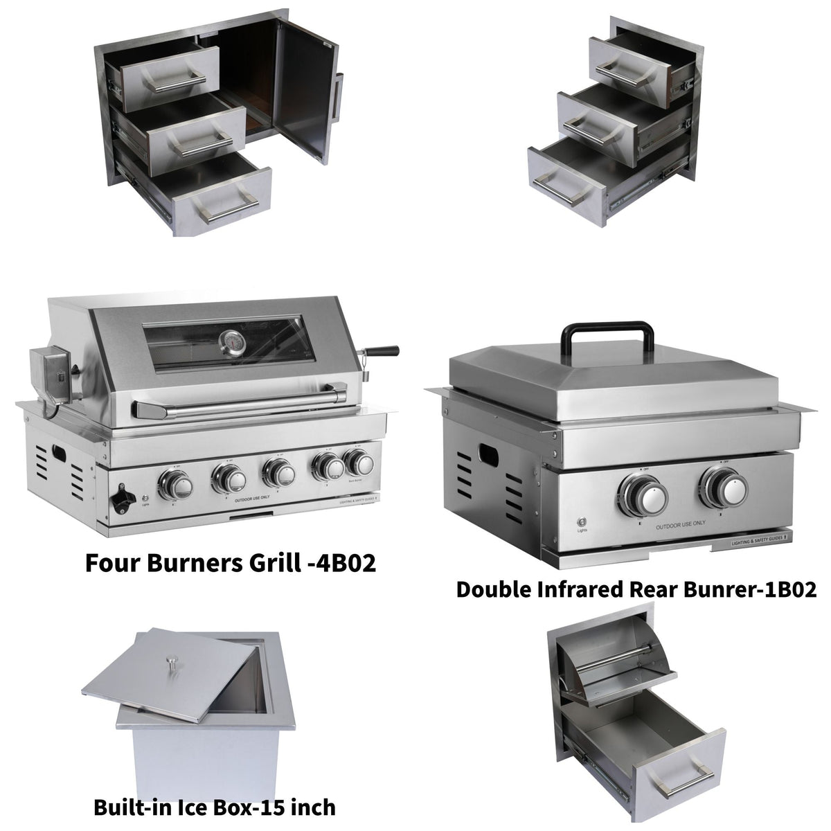 Built-In Outdoor Kitchen LPG Gas Grill with Ice Box and BBQ Tool Set - Silver