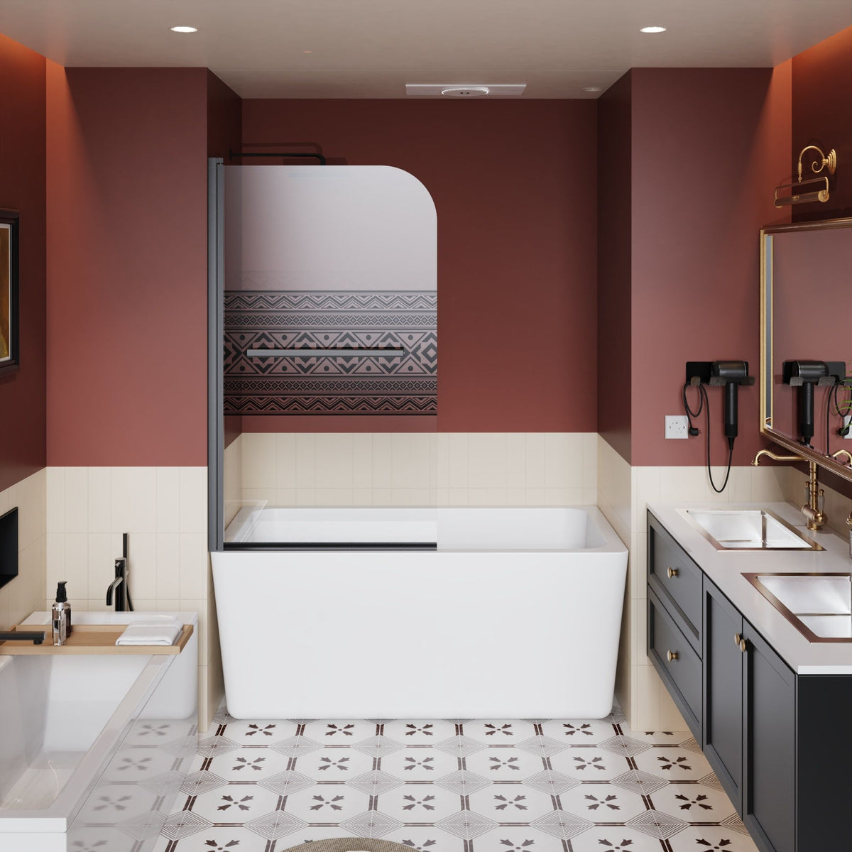 Bohemian Shower Door Bathtub with Tempered Glass and Handle - Matt Black