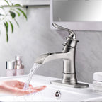 Brushed Nickel Waterfall Spout Bathroom Faucet with Single Handle and Pop Up Drain