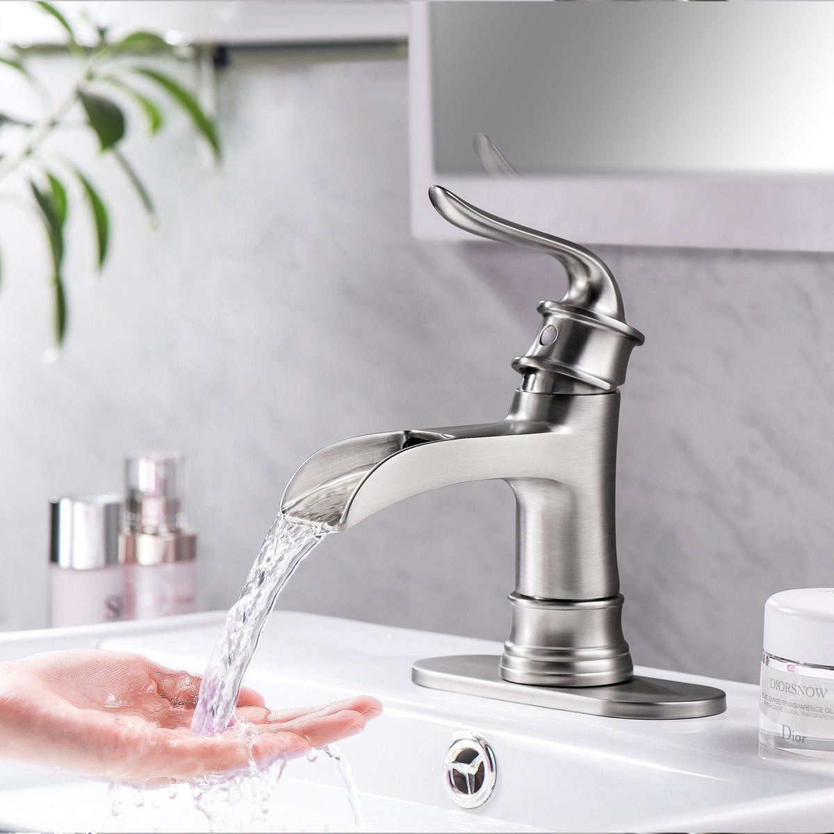 Brushed Nickel Waterfall Spout Bathroom Faucet with Single Handle and Pop Up Drain