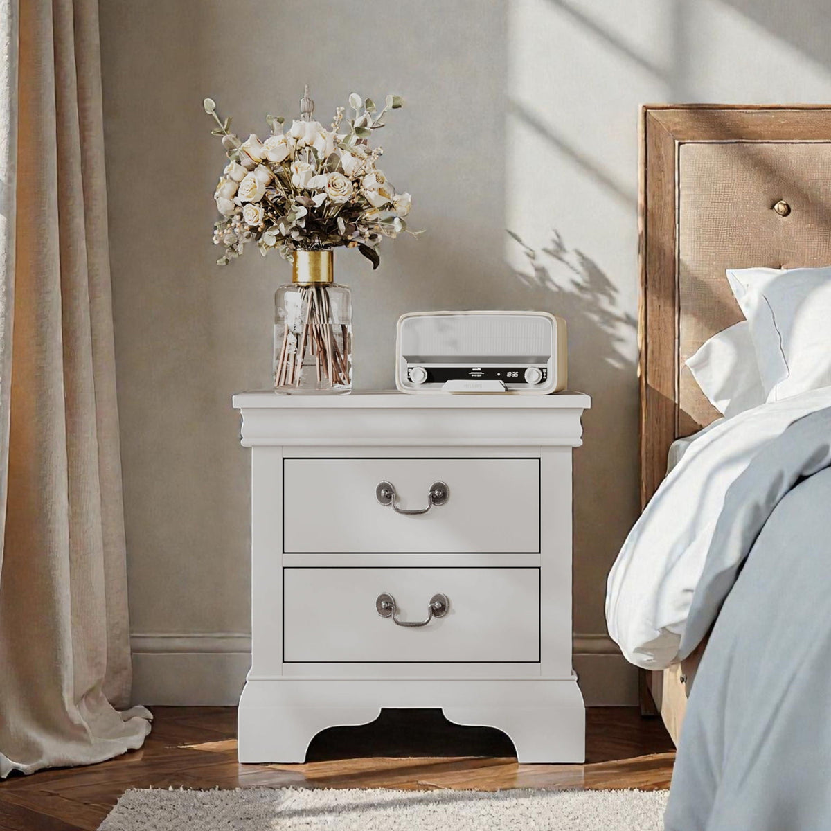 Wood Nightstand with 2 Drawers - Traditional Accent Table - White, Black, or Dark Brown