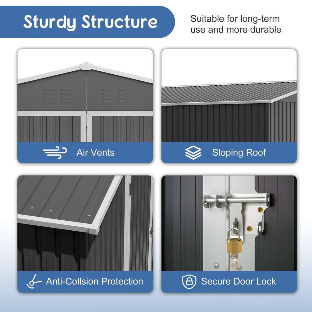 10x10 FT Metal Outdoor Storage Shed with Lockable Double Doors - Black