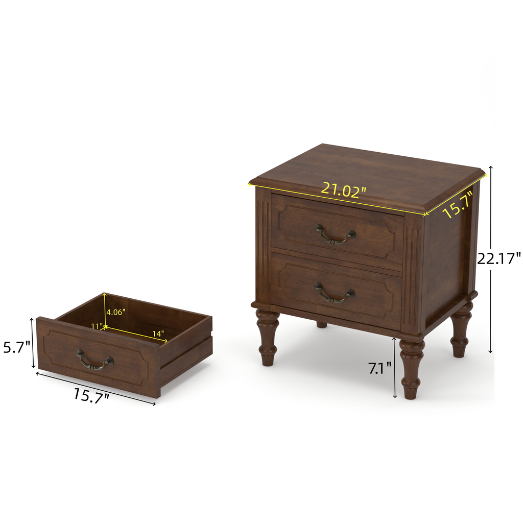 Farmhouse Nightstand with 2 Drawer, Solid Wood Bedside Table - Walnut