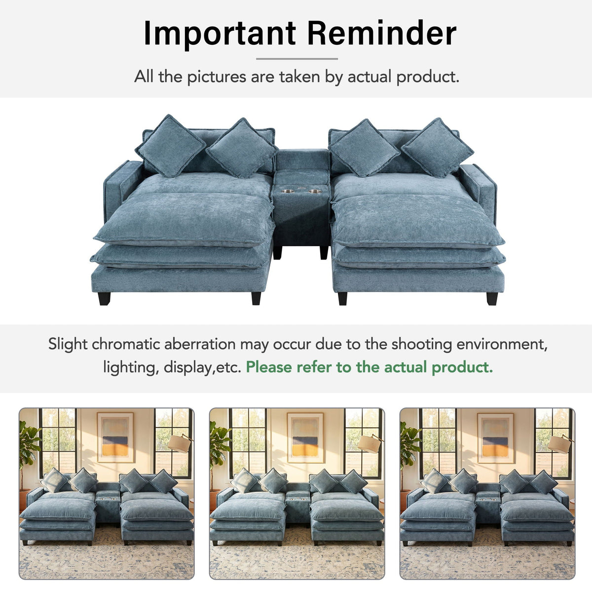 Modern Sectional Sofa with Removable Ottomans, USB Ports - Dark Gray or Light Blue
