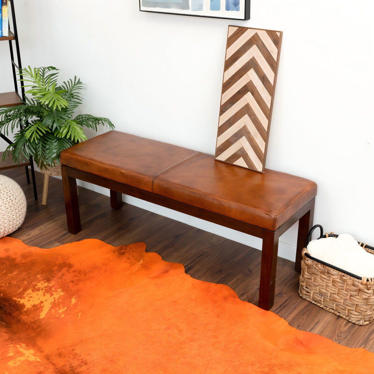 Antique Brown Upholstered Bench with Solid Wood Frame - Brown