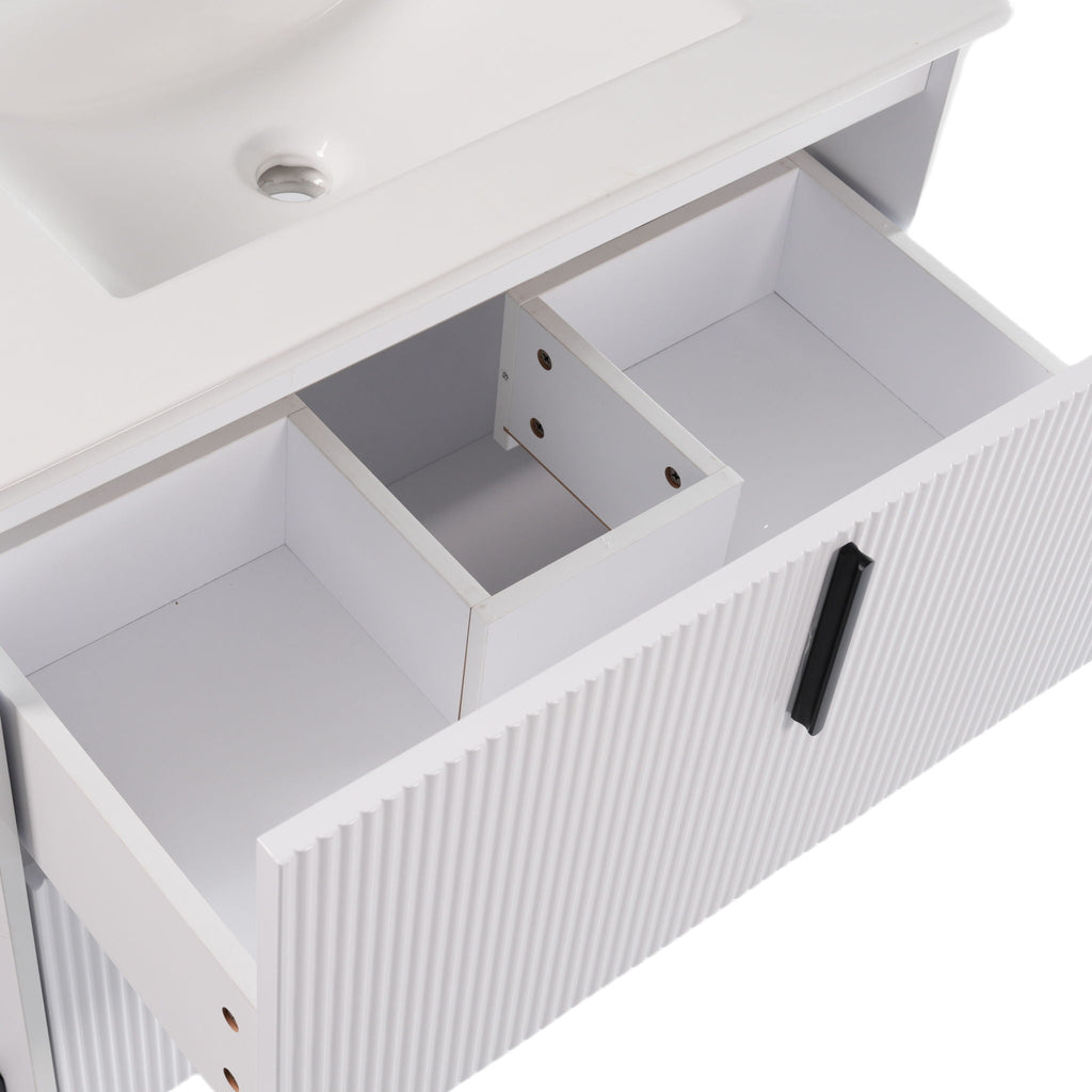 Bathroom Vanity With Ceramic Sink and Fluted Design - Dark Green, White, Light Brown