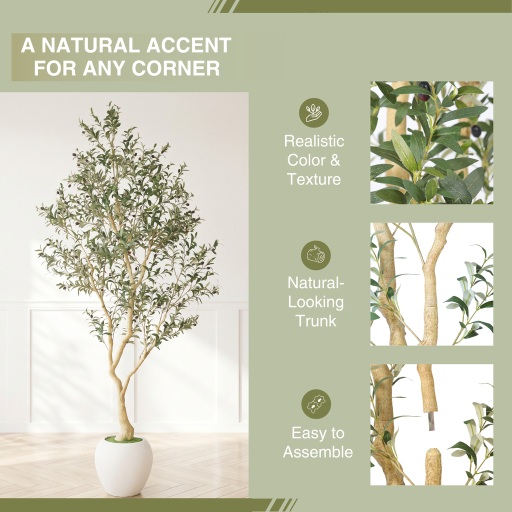 8.2FT Artificial Olive Tree with Decorative White Planter – Green Leaves