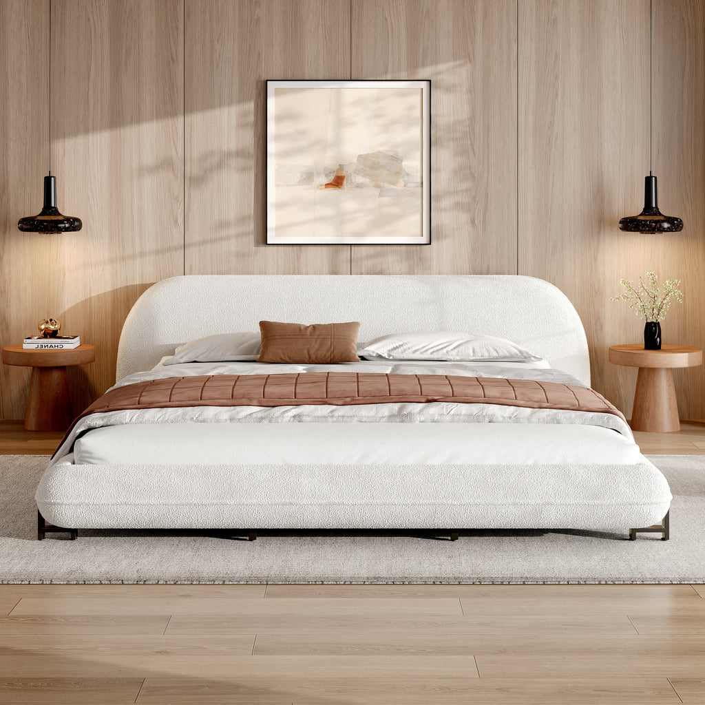 King Size Bed Frame with Boucle Fabric and Thick Headboard - Off White