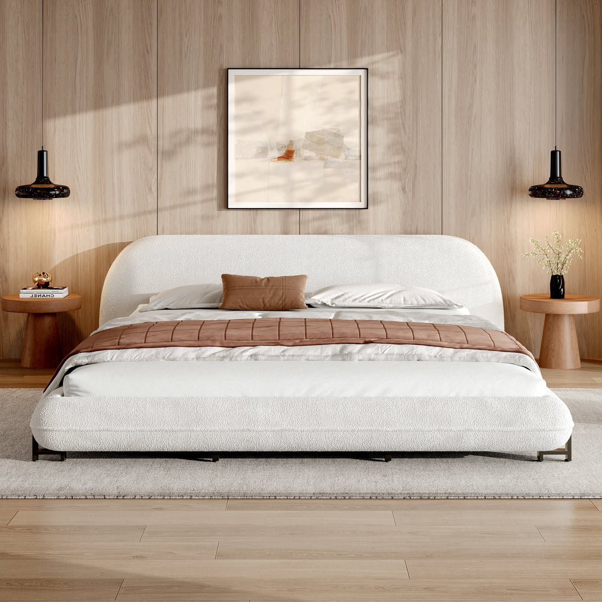 King Size Bed Frame with Boucle Fabric and Thick Headboard - Off White