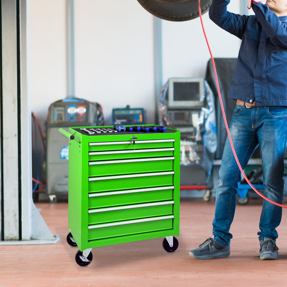 Rolling Tool Chest with 7-Drawer Tool Box with Steel Construction - Green