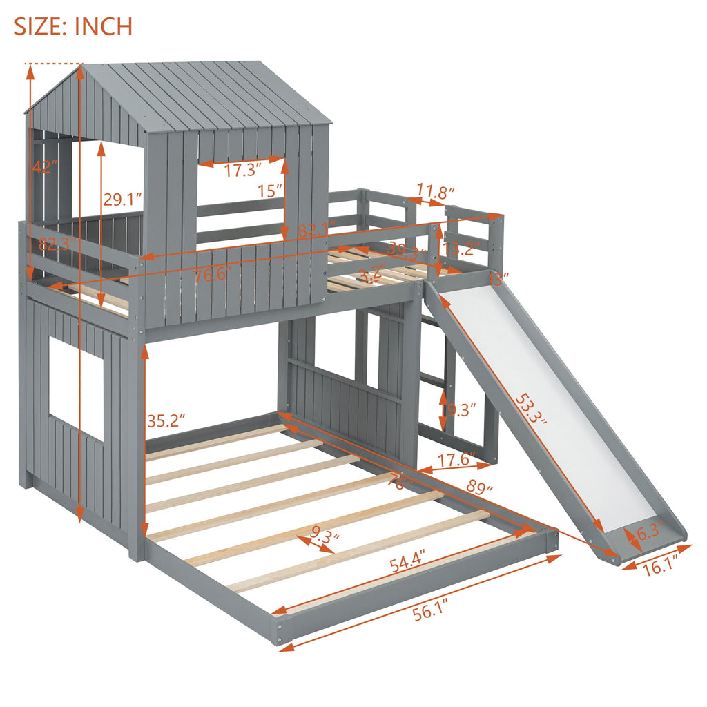 Loft Bunk Bed With Playhouse, Slide, and Guardrails - Twin Over Full