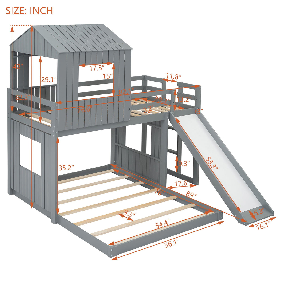Loft Bunk Bed With Playhouse, Slide, and Guardrails - Twin Over Full
