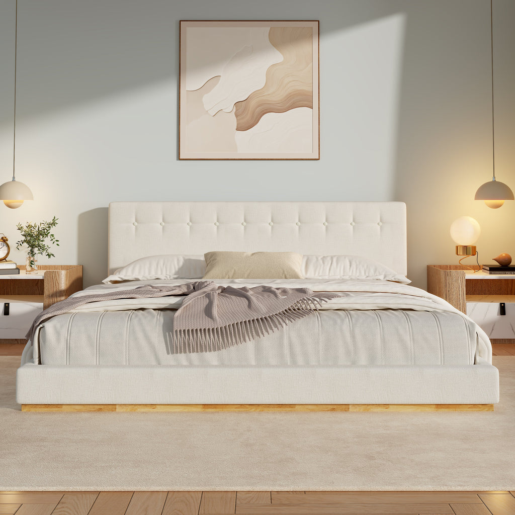 Solid Rubber Wood Platform Bed with Upholstered Headboard - White